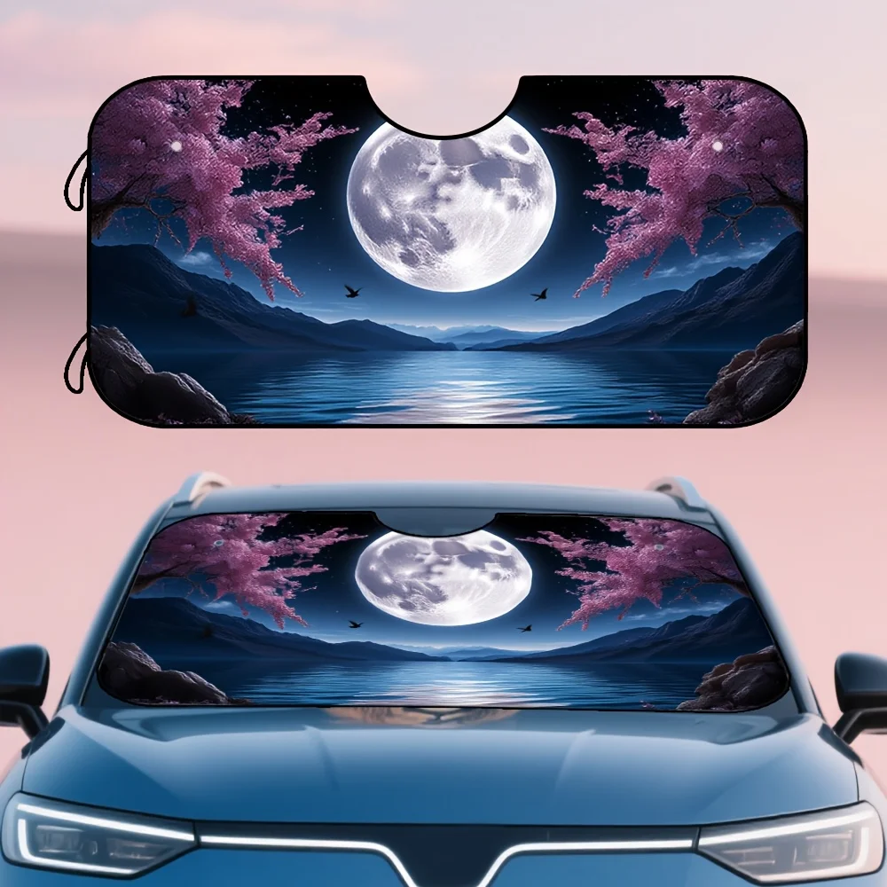 

1pc Cherry Blossom Full Moon Scenery Car Sun Visor Cover - Easy Fold Design, Pink Sakura Trees & Full Moon Reflection, Fits Most