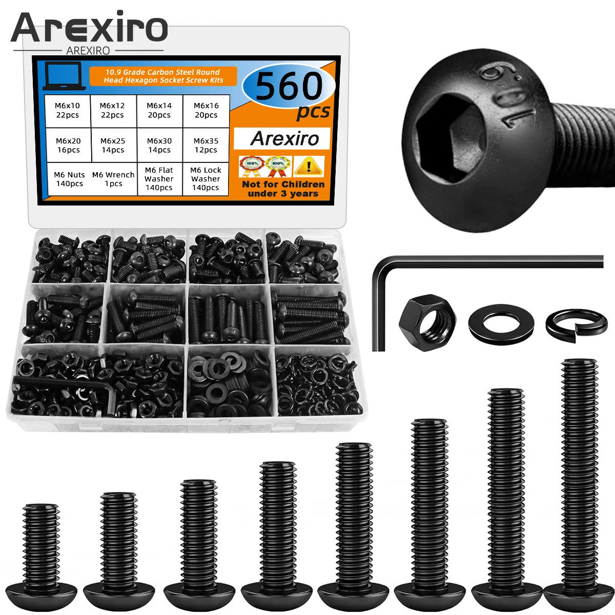 

560PCS M6 10.9 Grade Carbon Steel Round Head Hexagon Socket Screw Nut Washer Combination Kit M6-10x10/12/14/16/20/25/30/35mm