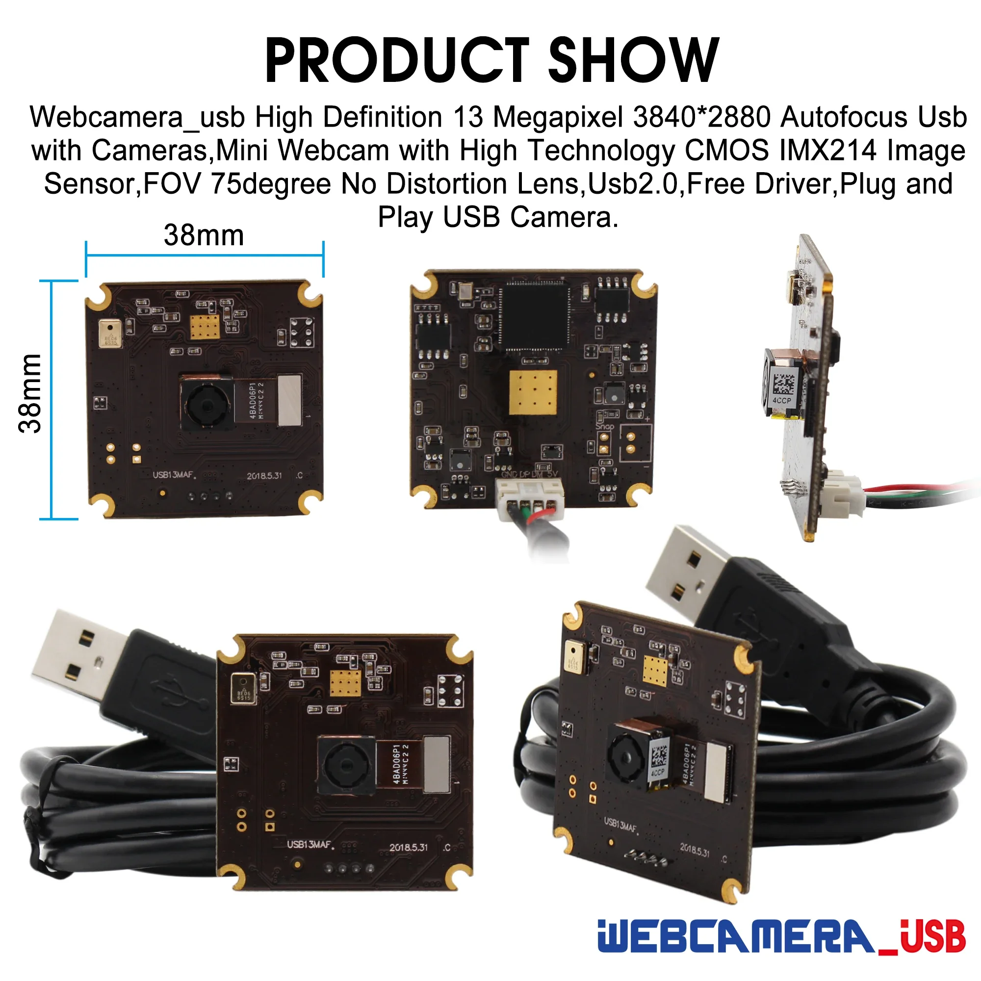 ELP 13MP Autofocus USB Camera Module 3840x2880P High Resolution Webcam Support Microphone for Video meeting