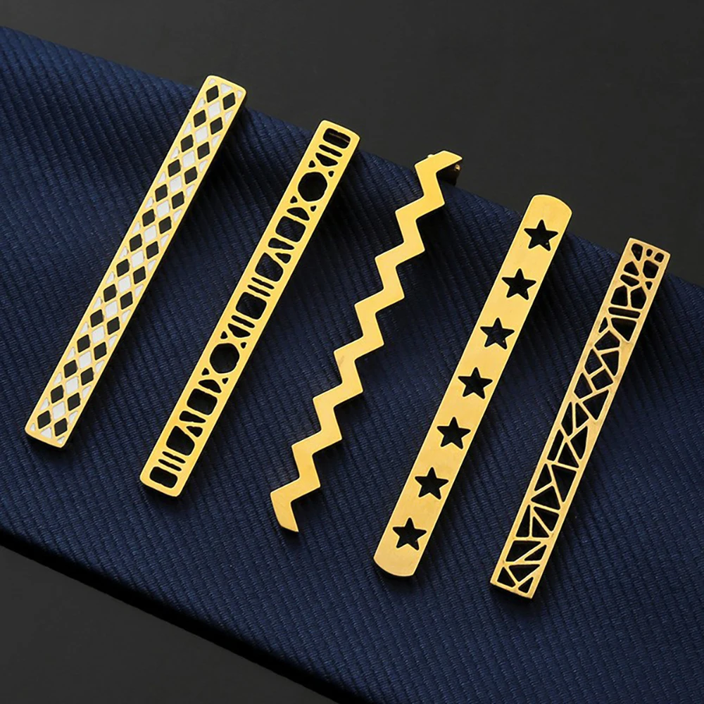 Clip de Corbata Clásico para Hombre, Geométrico, Hueco, Metálico, Dorado y Negro, de Acero Inoxidable, para Fiestas y Bodas, Accesorios