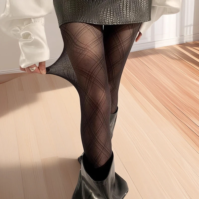 Schwarze Netzstrumpfhose für Damen, Fischernetz-Design, Seidenstrumpfhose, Sexy Party- und Urlaubsstrumpfhose mit Dunklem Karomuster