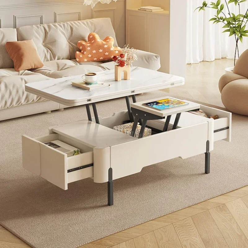 Multi functional living room bedroom modern white horizontal moving coffee table minimalist small apartment sofa furniture