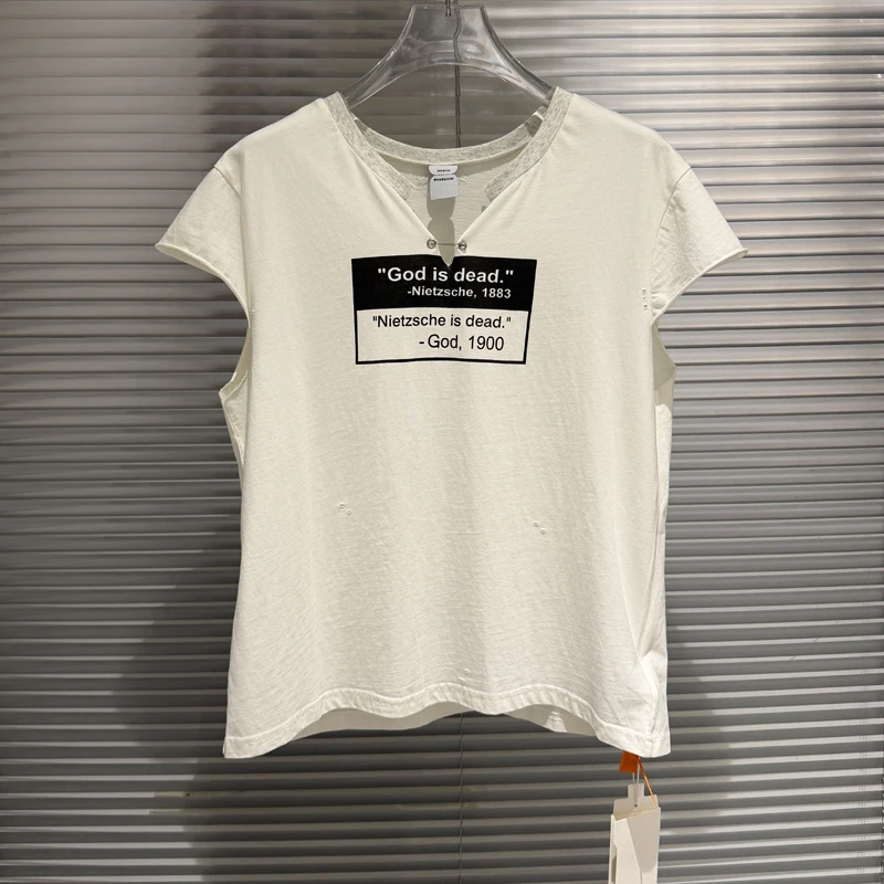 American Streetwear Hole Heavy Embroidery Protocol T-shirts Safety Pin Print Casual Man Woman Tops Tees