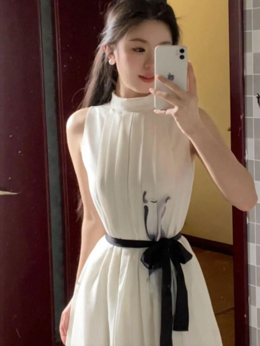 New Chinese Style Watercolor Print Sleeveless Waist-Cinching Dress Women's Summer Belted Long Fairy Skirt Holiday Vibes