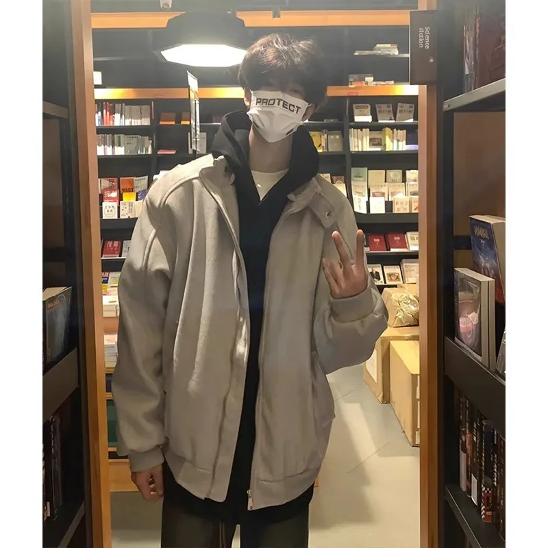 

Мужская шерстяная хлопковая куртка-бомбер с воротником-стойкой, весенне-осеннее короткое пальто в американском стиле из утолщенного полиэфирного волокна