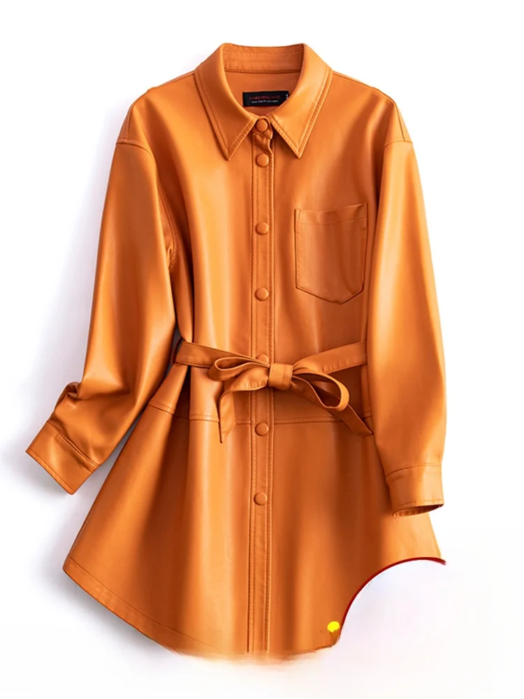 ファッショナブルなシープスキンレザージャケット女性のミッドレングス韓国スレルーズプラスサイズトレンディなウインドブレーカーコート春秋