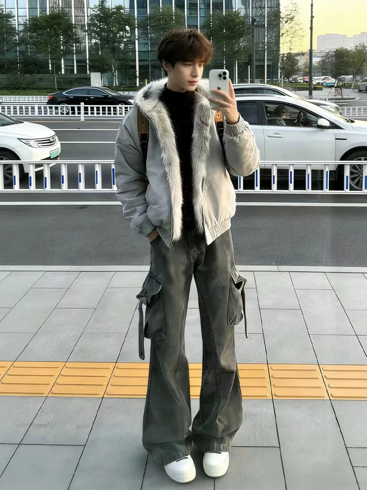 

Мужские джинсы в стиле ретро американской рабочей одежды, с множеством карманов, весенние, из денима, прямого кроя, прочные, эластичные, низкая посадка