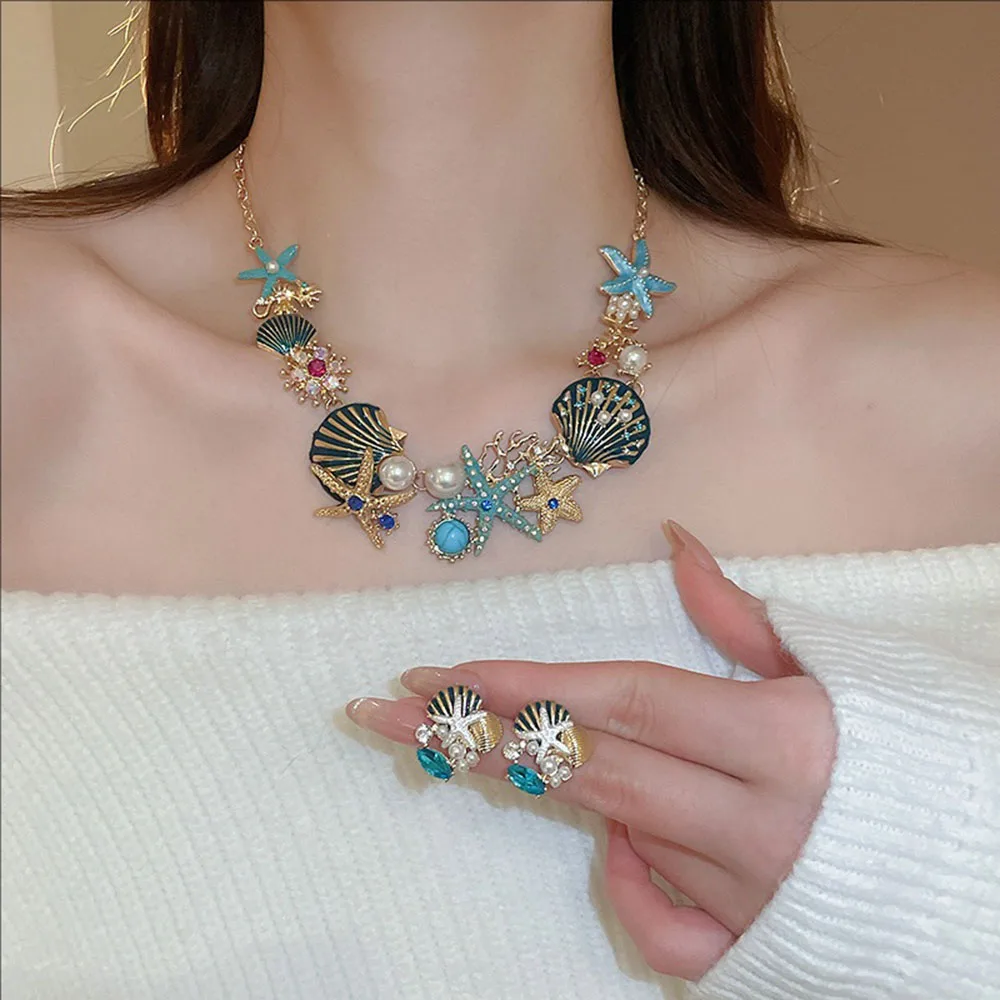 

Oil-dripping Starfish Shell Coral Studs Necklace Fashionable Collarbone Chain Niche Light Luxury Ad High-end Jewelry Set
