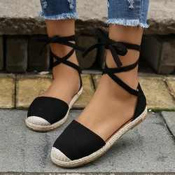 Women Sandals Summer Fashion Round Toe Solid Casual Shoes Flat Ankle Lace Up Rattan Straw Sole Roman Sandals Designer Sandals