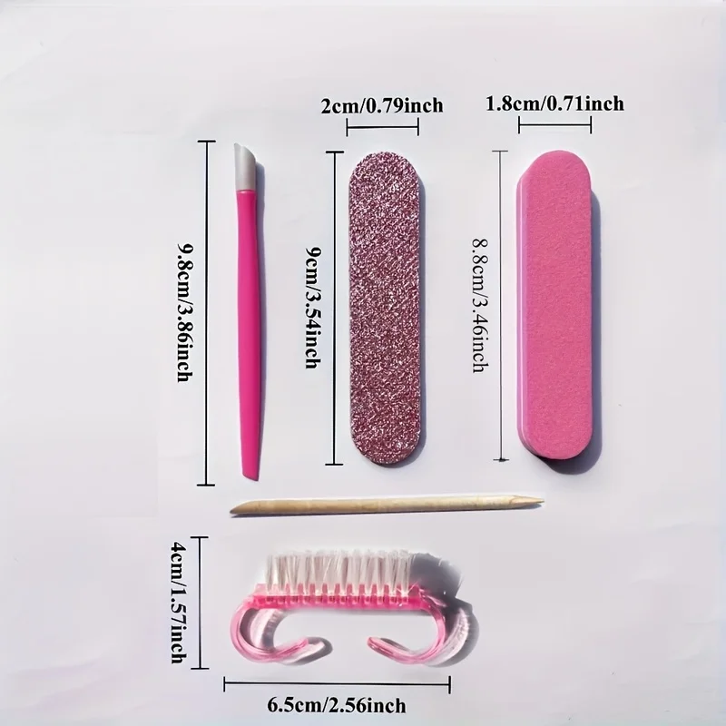5Manicure and pedicure set, including a mini nail file, a nail buffer, a wooden cuticle pusher, and a nail brush
