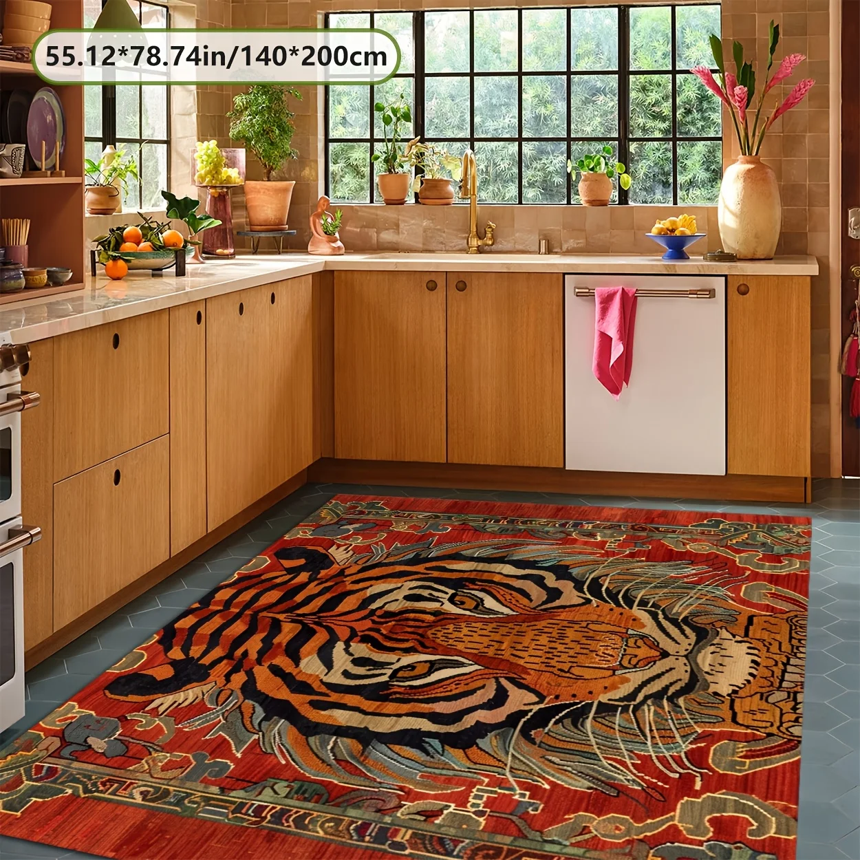 Vintage Chinese‑Style Red Tiger Printed Area Rug, Non‑Slip Dotted Back Floor Mat, Comfortable Decor Carpet for Living Room, Sofa