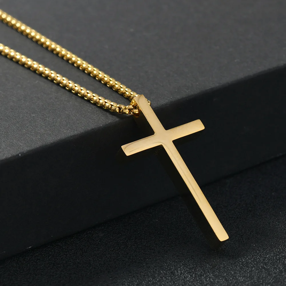 Fashion Cross Pendant Necklaces for Men Women Simple Black Silver Gold Color Stainless Steel Box Chain Thick Collars Jewelry