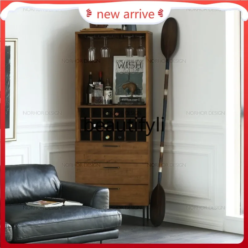 

D2520 Nordic Oak Carved Sideboard Living Room Wall-Mounted Storage Wine Cabinet Vintage Mid-Century Solid Wood Side Cabinet