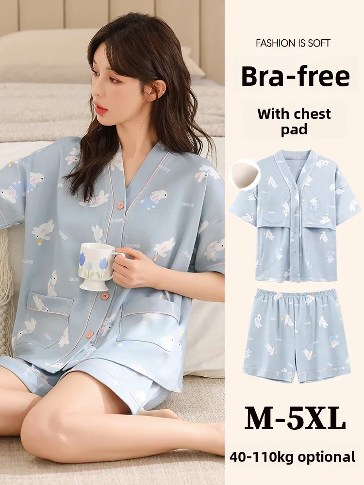 

Pure Cotton Spwear Women's Summer ort Sve ort Pants V-ne Cute plus Size Home Clothes Set with Chest Pad