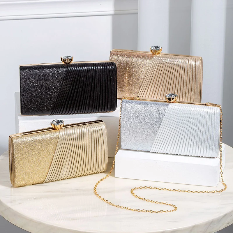 

Women's Luxury Bright Glitter Evening Bag Sparking Diamond-encrusted Shiny Sequins Spliced Pleat Wedding Dinner Dress Clutch Bag