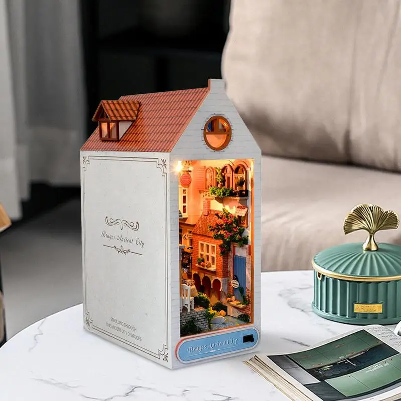 Книжный уголок, миниатюрный комплект, деревянные наборы подставок для книг со светодиодной подсветкой, художественное ремесленное украшение для кабинета, детской комнаты, спальни