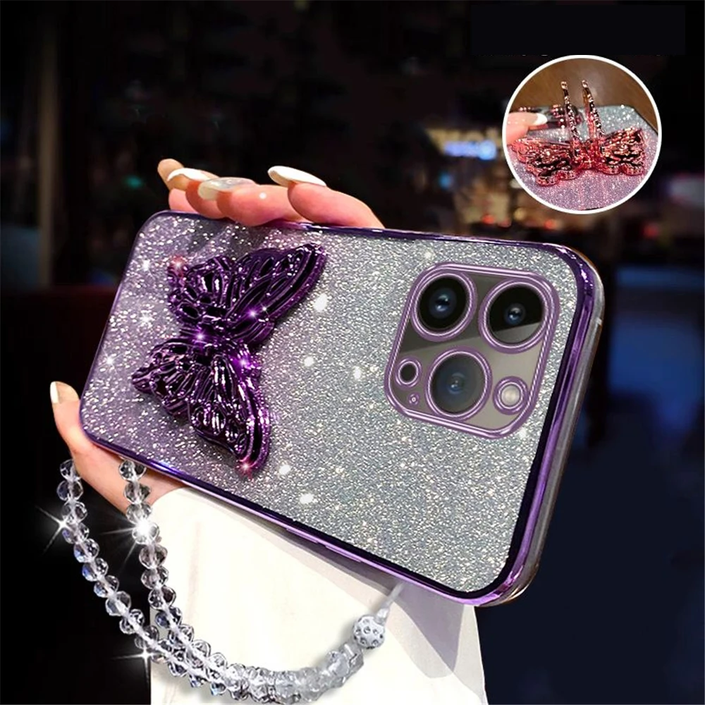 For Xiaomi 14T 3D Butterfly Phone Holder Crystal Bracelet Case For Xiaomi 13T 12T 11T 14T Pro 13 12 11 Lite 5G NE Glitter Cover