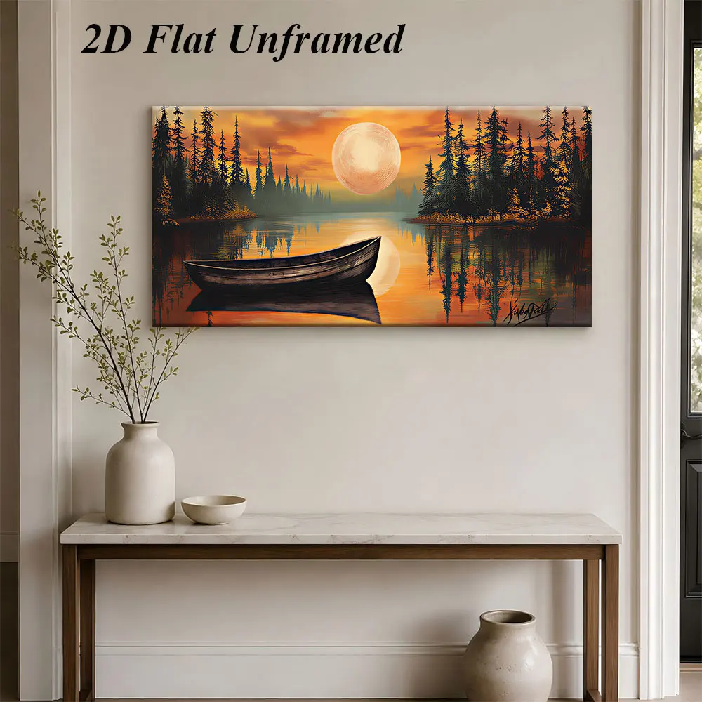 1 pièce (sans cadre), 1 peinture décorative sans cadre d'un lac forestier, d'une surface de lac calme et d'une réflexion de bateau solitaire au coucher du soleil, 2