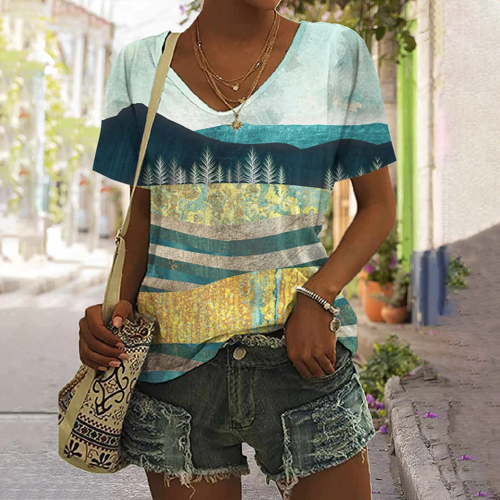 

Hill Tree Print Striped T Shirt For Women New Simple Clothes Casual V-Neck Short Sleeve Tee Shirt Harajuku Retro T-Shirt Summer