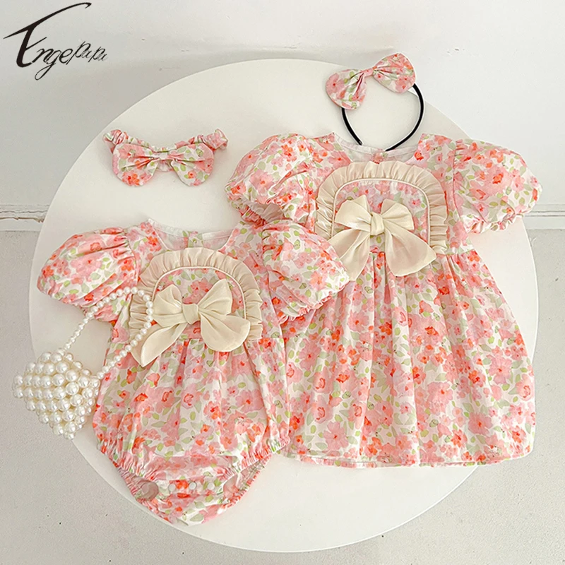 Princess Kids Baby Girls Printed Dress Summer Infant Girls Short Sleeves Rompers Children Girls Flowers Dress Sister Clothing