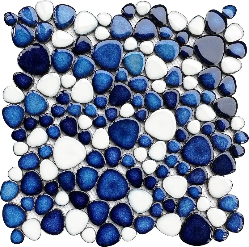 11 Sheets Heart-Shaped Dark Blue Ceramic Mosaic Tiles Mesh Mounted,Porcelain Tile for Kitchen Bath Backsplash Shower Floor Pool