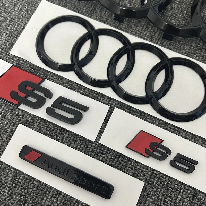 For AUDI S5 2010-2019 2PCS 4Ring logo ABS Black Car Hood Front Grill Emblem Rear Trunk Badge Sticker 2P S5 1P Audi Sport