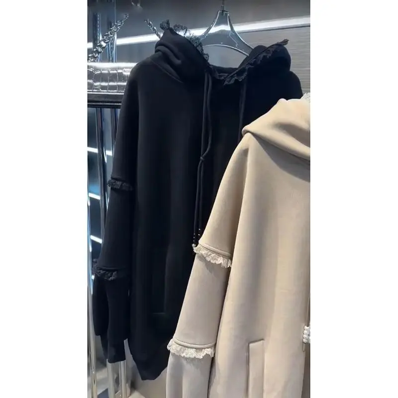 هوديس القطن مقنعين ملابس الخريف السيدات امرأة شابة تكدرت الألياف الرمادية حروف متوسطة الطول المتناقضة مطابقة الفرنسية