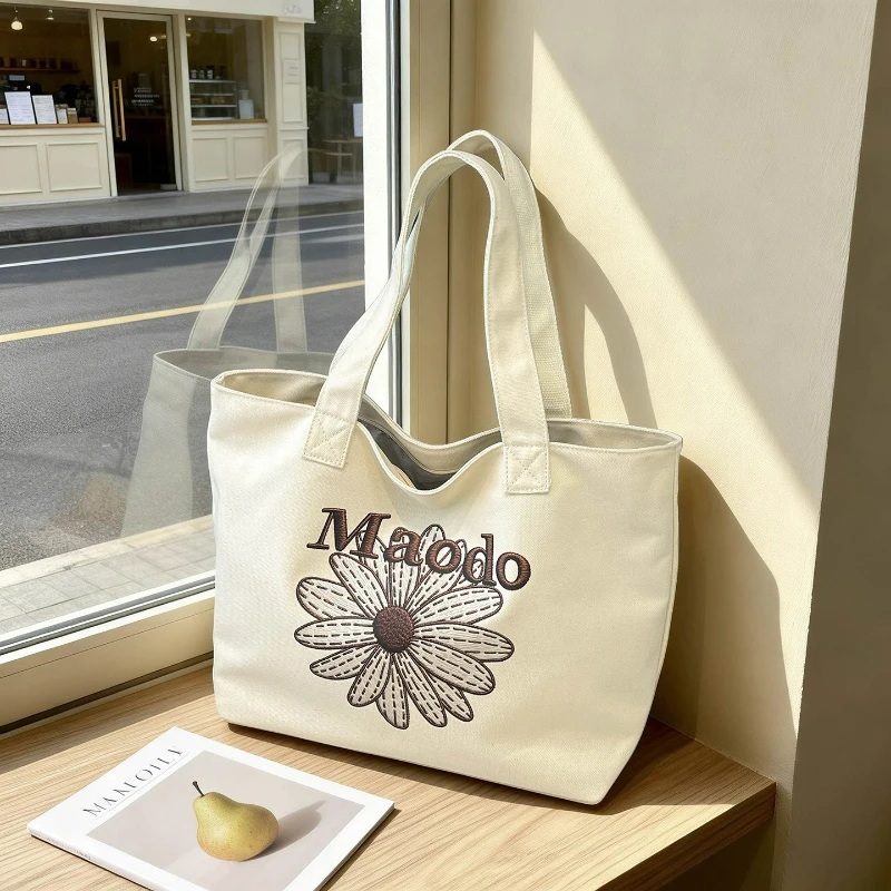 

Fashion Women Simple Shoulder Bag Vintage Embroidery Canvas Hand Bag Large Storage Korean Style Versatile Texture Commuting Bag