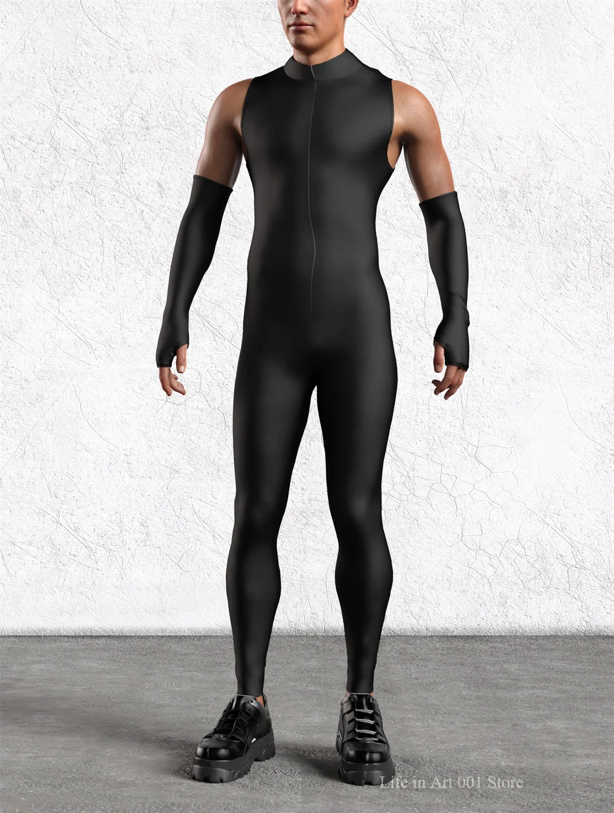 بدلة قطعة واحدة بدون أكمام للرجال والنساء باللون الأسود النقي بدلة تنكرية لحفلات الهالوين بدلة حفلات الهذيان مع قفازات متطابقة