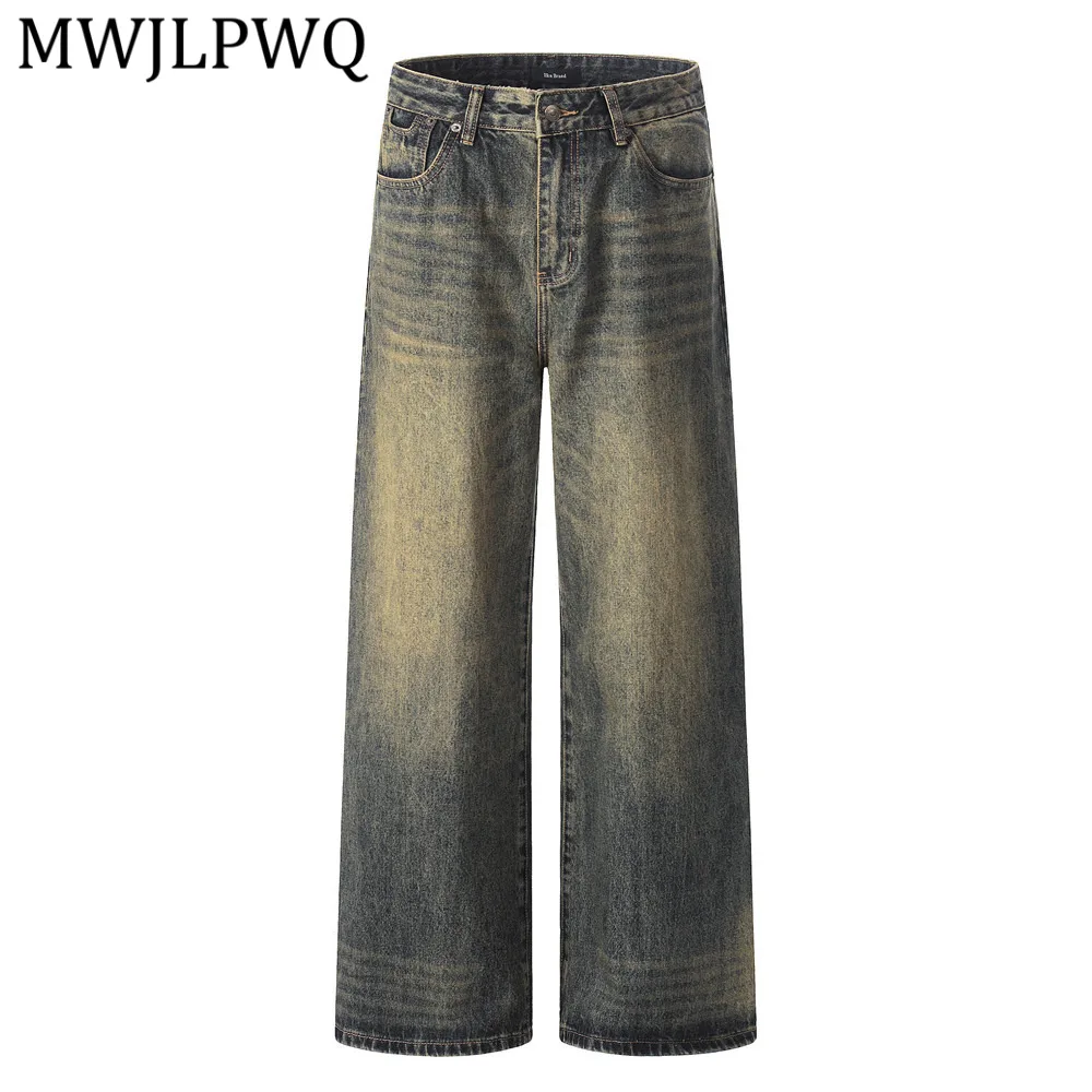 

MWJLPWQ Punk Retro Distressed Washed Denim Straight-Leg Pants For Men Trendy Unique Pocket Design Loose Wide-Leg Trousers 14253