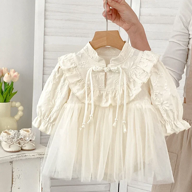 2024 New Autumn Newborn Baby Girls Bodysuits Long Sleeved Cotton Mesh Splicing Infant Baby Girls Jumpsuit 0-24M Baby Clothing