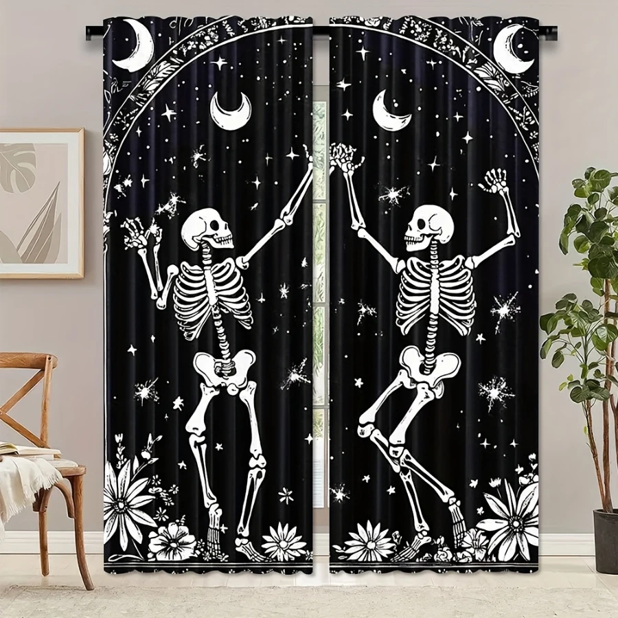 2PCS Digital Printed Curtains, Dancing Skeletons Crescent Moon Stars Flowers, Black White Cartoon Fun Halloween Window Decor