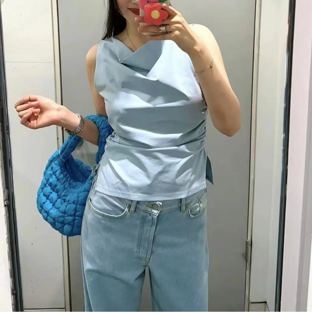 

CS Women's Slim Fit Boat Collar Grab Pleated Vest White Summer New Fashion Upper Wear
