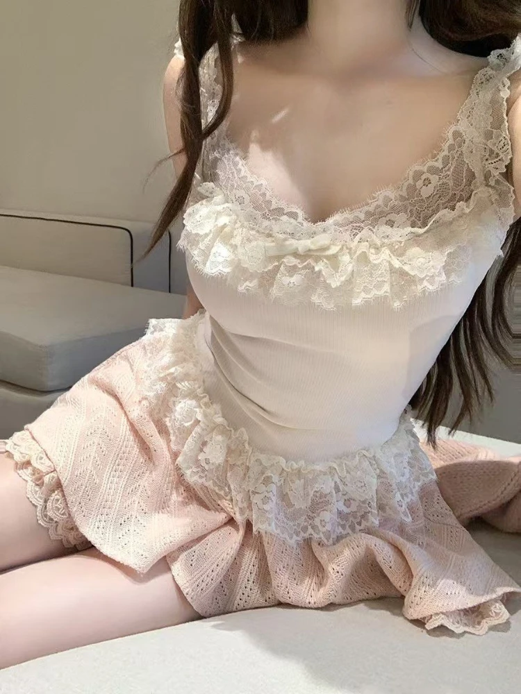 

Japanese Kawaii Pure Desire Two Piece Set Lace Patchwork Camisole Tops + Pink Half Skirt Women 2025 New Autumn Fashion Outfits