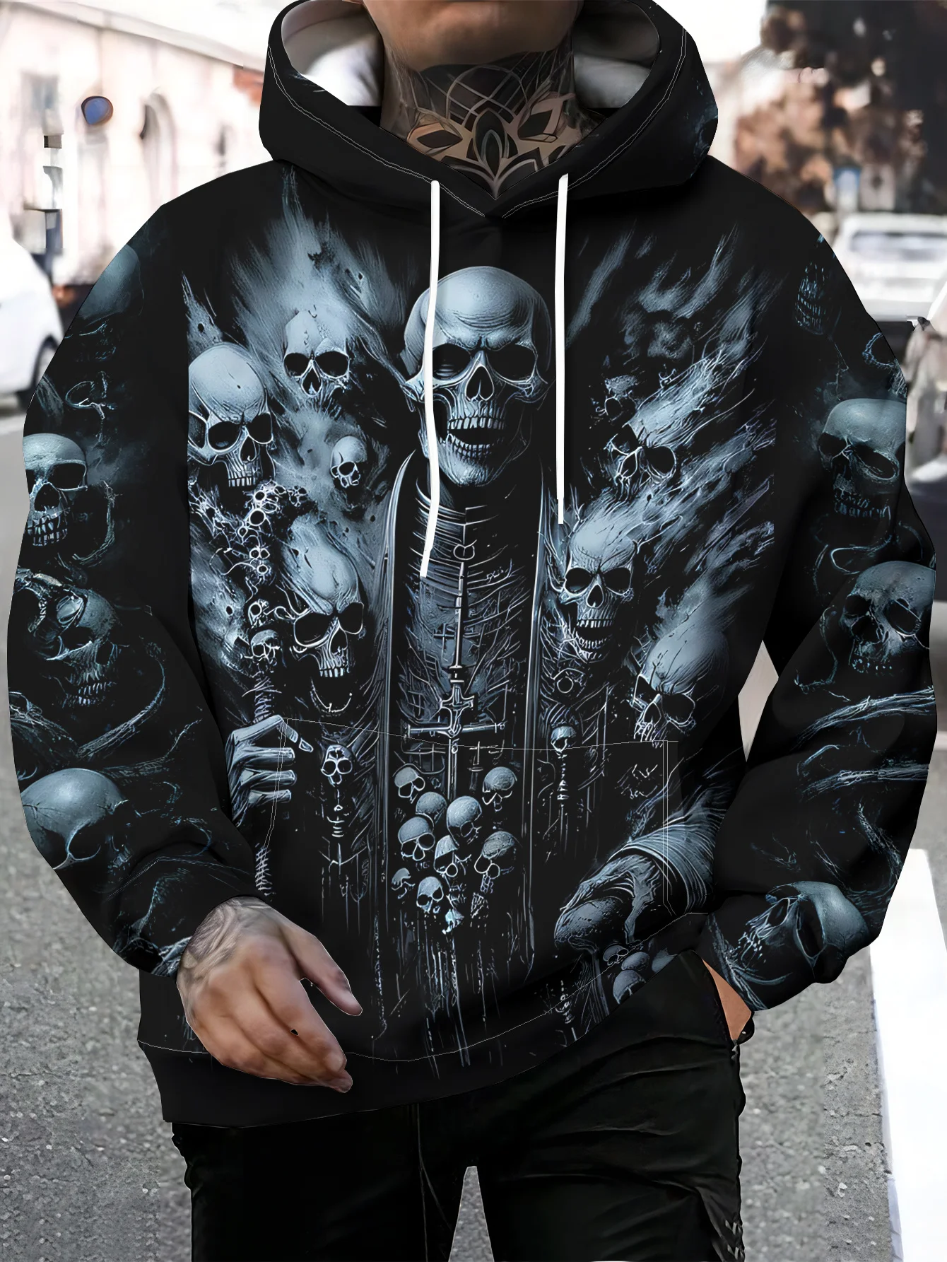 Customization Men'S Skull Priest All-Around Head With Staff And Mourning Robe Digital Print Pullover Hoodie, Spring Autumn Sport