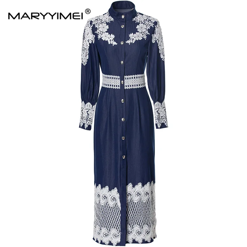 

MARYYIMEI Fashion Runway Autumn and winter Long Sleeve Midi Dress Women's Stand collar Single-Breasted Embroidery Design Dresses