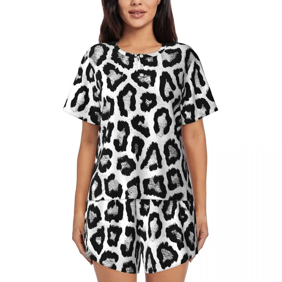 

Black And White Leopard Print Pajamas Female Vintage Sleepwear Summer Short Sleeve 2 Pieces Home O Neck Custom Pajama Sets