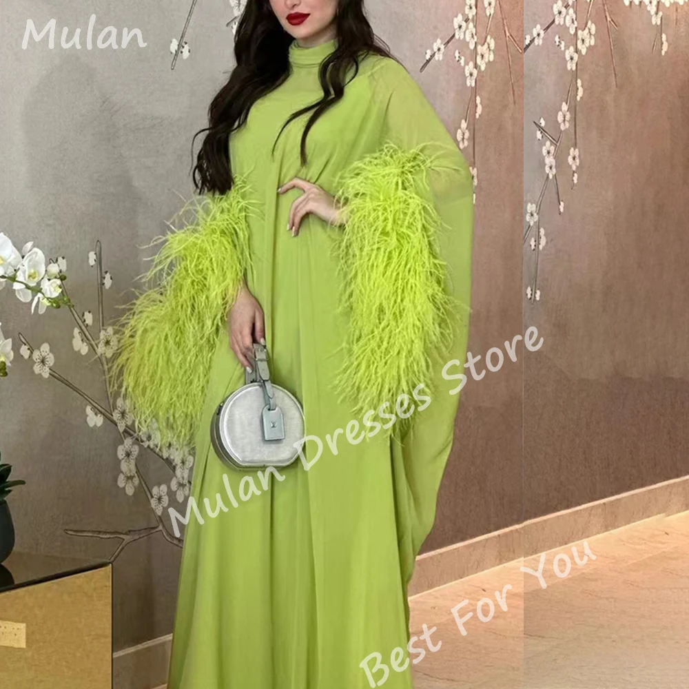 Elegant Long Evening Dresses for Saudi Arabia Women Feathers High Neck Floor-Length Straight Special Events Prom Party Maxi 2024