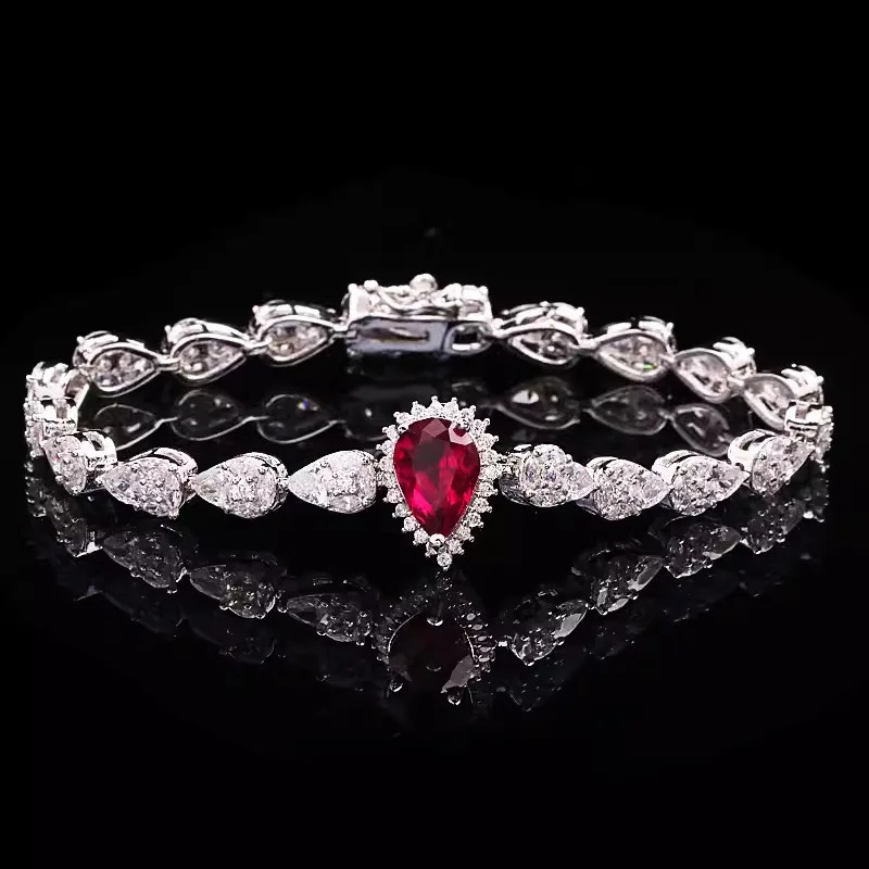 Elegant Luxury Women Wedding Bridal Jewelry Sets Dazzling Red Zircon Platinum Water Drop Plating Ring/Earring/Necklace/Bracelet