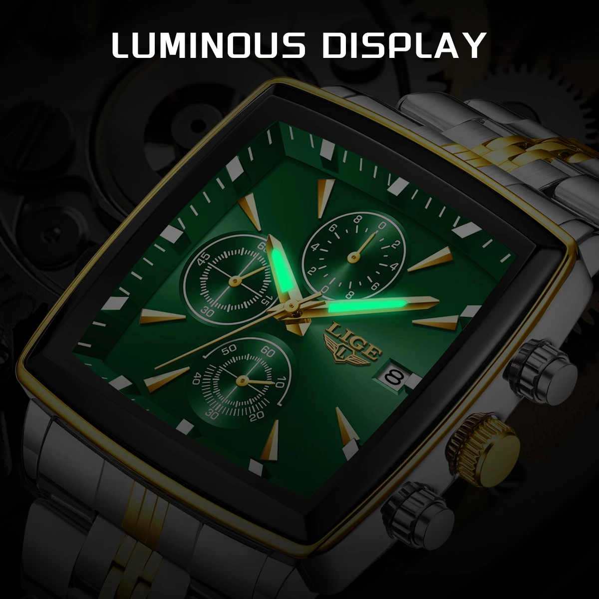 LIGE トップブランドの高級クォーツ時計スクエアステンレスファッションカジュアルクロノグラフ腕時計男性用スポーツ防水男性用腕時計