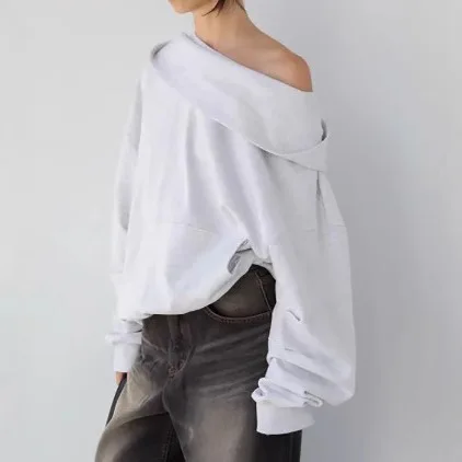 Off-The-Shoulder Hoodie 2025 Autumn Winter Solid Color Hooded Sweatshirt for Women Loose Comfortable Laid-back Streetwear Style