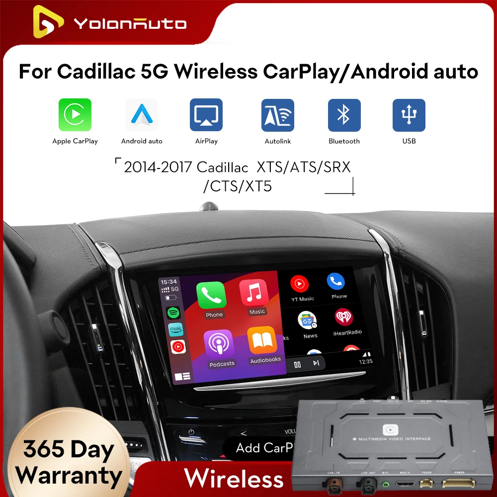 Комплект YolanAuto Wireless CarPlay Android Auto для Cadillac 2014-2017 MY XTS ATS SRX CTS XT5 8 дюймов HMI 2.0 с зеркальной связью AirPlay