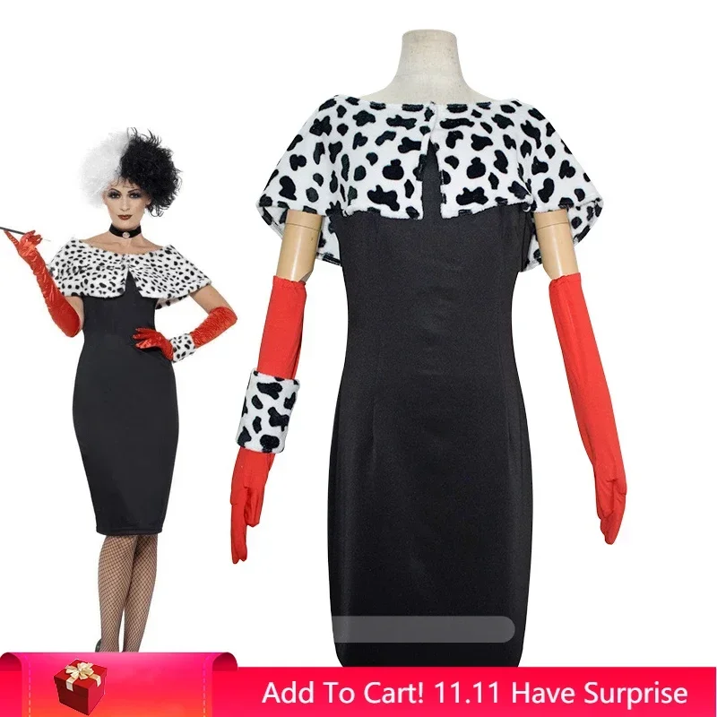 

Cruella De Vil Cosplay Costume Dresses 101 Dalmatians with Cape Outfits Halloween Carnival Suit for Women Girls