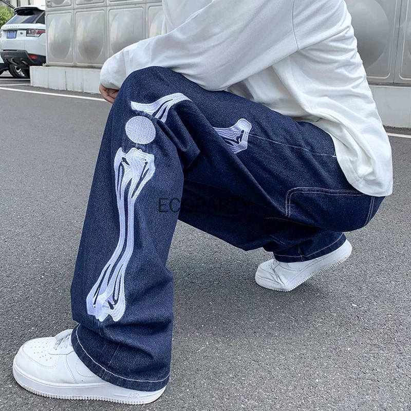 Straight Jean Pants Skeleton Embroidery  Mopping Trousers Mens Streetwear Denim Pants Men's Clothing Jeans for Men Man Baggy 50