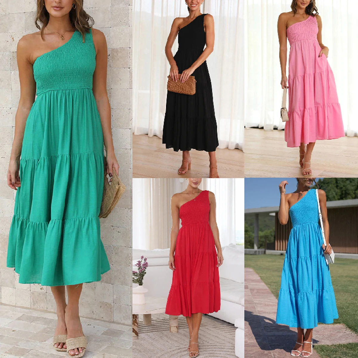 Women Oblique collar Solid Color Sleeveless Elasticity Sexy Casual Spring Summer A Line Dress