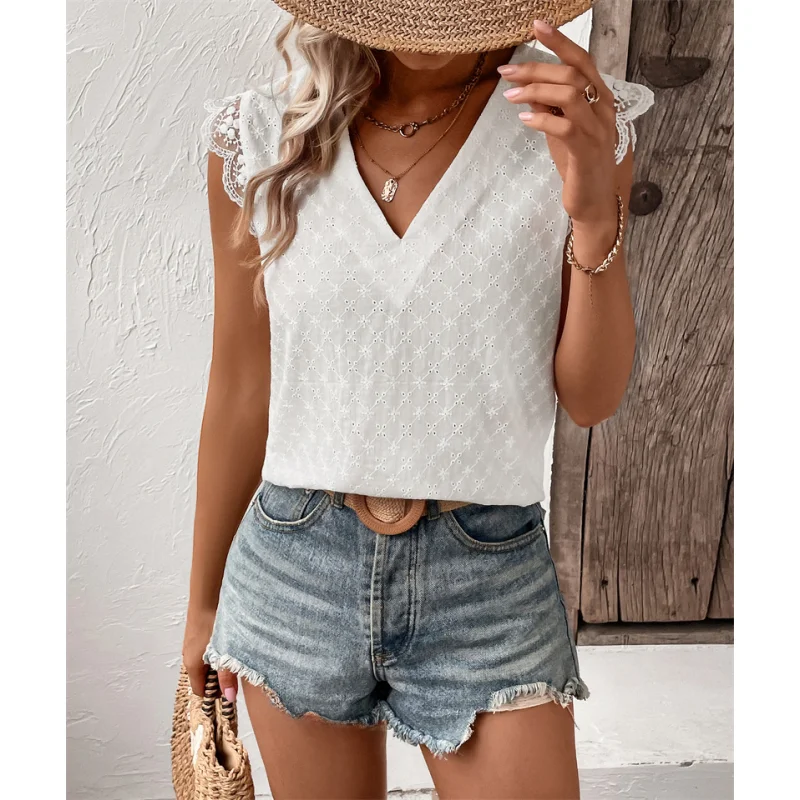 بلوزة نسائية صيفية كاجوال من الدانتيل بأكمام قصيرة وياقة مستديرة، قميص مستقيم من نسيج البوليستر بأكمام طائرة بلون واحد