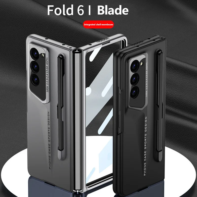 Pen Slot Blade Warrior Case For Samsung Galaxy Z Fold 6 ZFold6 5G Integrated Shell Membrane Screen Glass Stand Matte Hard Cover