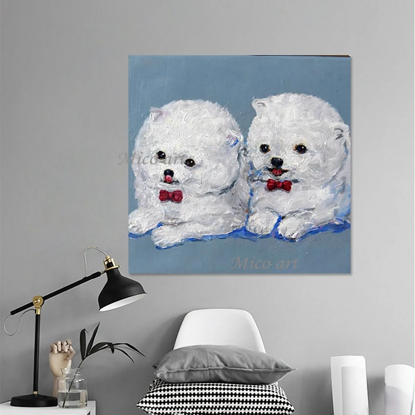 Bow Tie Dog Abstract Hand Drawing 3d Cute Style Art Acrylic Canvas Animal Oil Painting Baby Room Frameless Wall Decor Picture