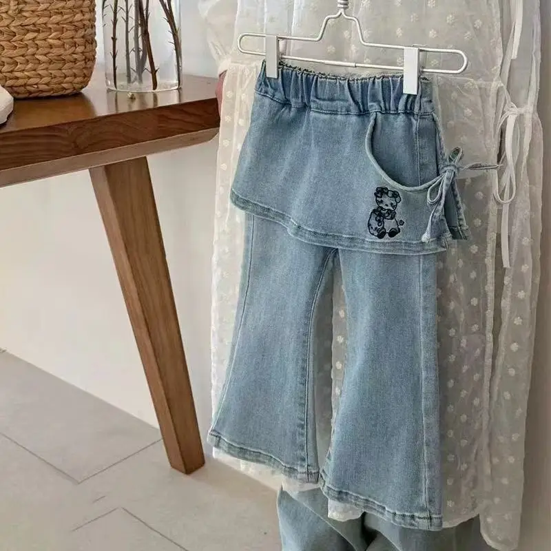 

Girls' Jeans 2025 New Style Spring and Autumn Fashion Children's Cartoon Embroidery Skirt Pants Girls' Baby Straight Leg Pants