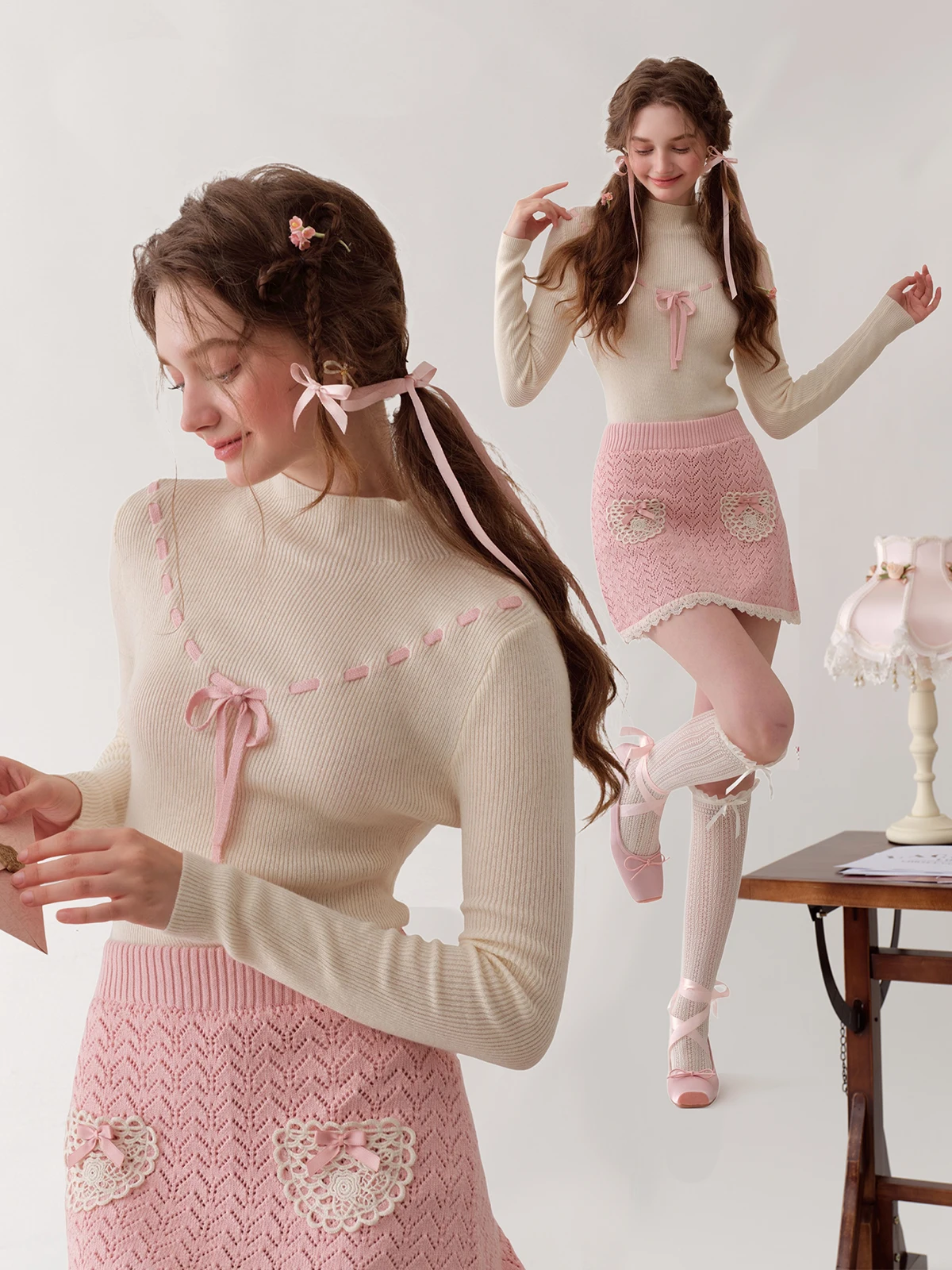 

LaceMade College Sle White Knitted Sweater And Slim Fit f Skirt Set High Ne French Sle Women's Winter Faion